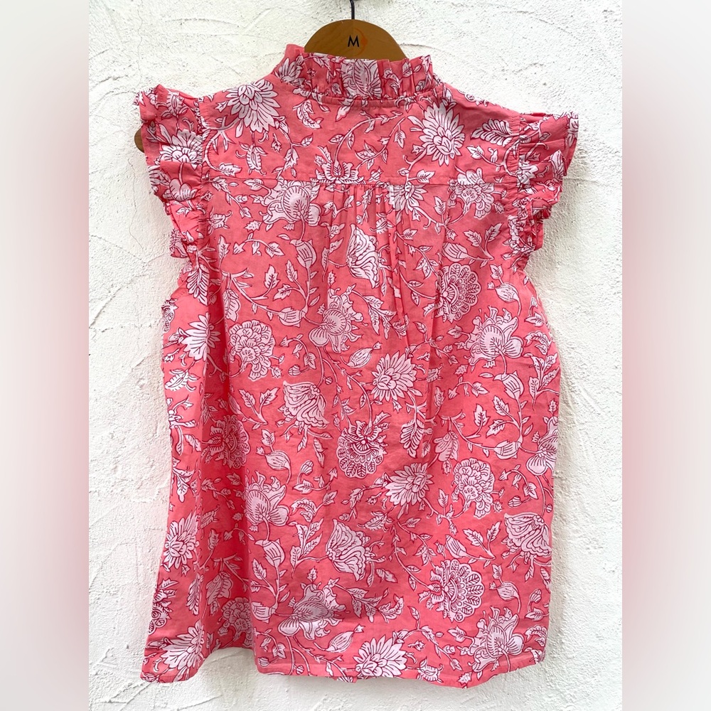 J. Crew Pink Sleeveless Ruffled Blouse / Salmon Pink Floral Blockprint Size XS/S - Picture 6 of 6
